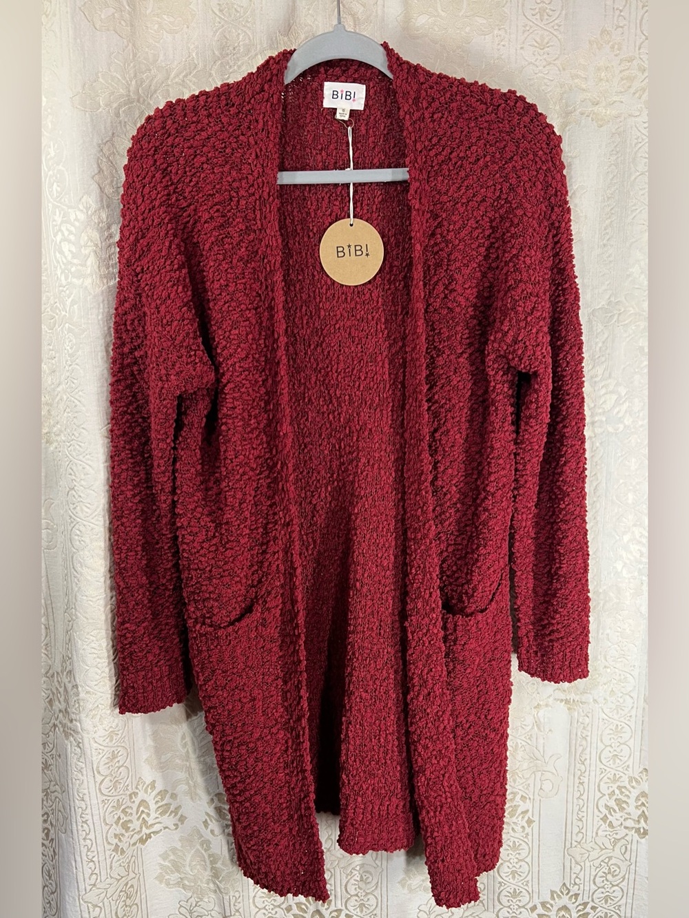BiBi NWT Burgundy Popcorn Knit Open Front Cardigan Small